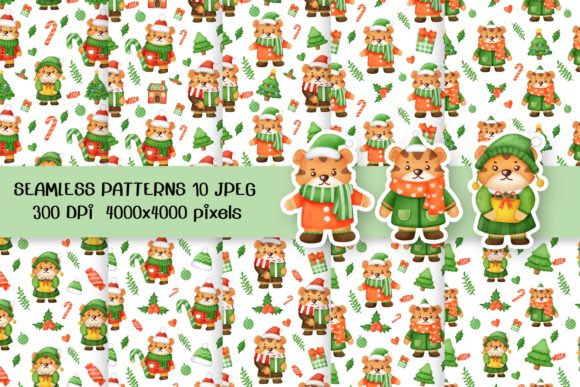 Christmas Tiger Seamless Patterns Illustrations