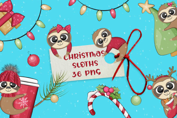 Cute Christmas Sloths Clipart PNG for Handmade Projects