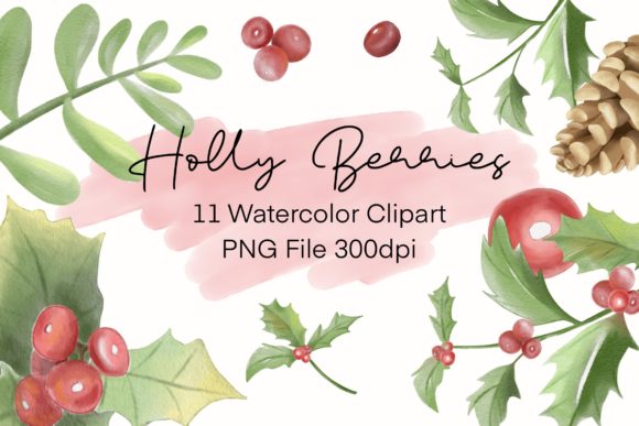 Holly Berry Christmas Watercolor Clipart Illustrations