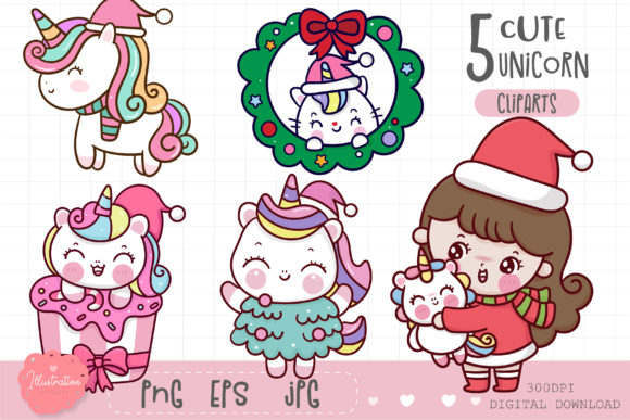 Unicorn Christmas Clipart Kawaii Cartoon Illustrations